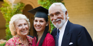 AJDMMD Graduate and grandparents outside, portrait. Image shot 2006. Exact date unknown.